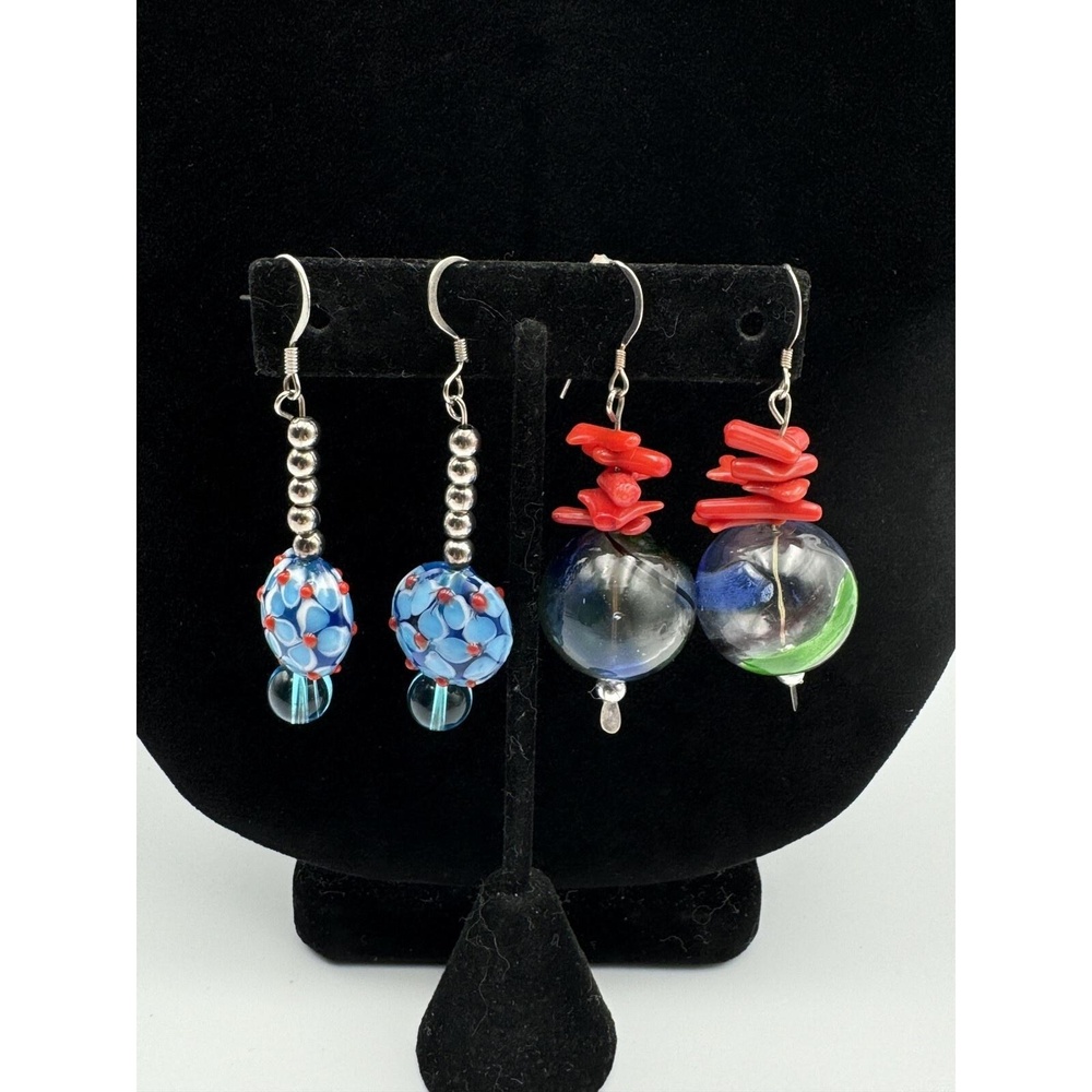 Art Glass Blue Green Red Bubble Pierced Dangle Earrings Coral Accent Two Pair